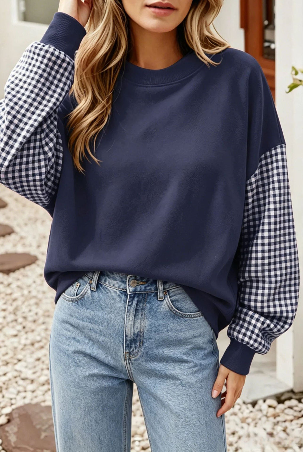 Preorder: Cozy Contrast Gingham Sleeve Pullover