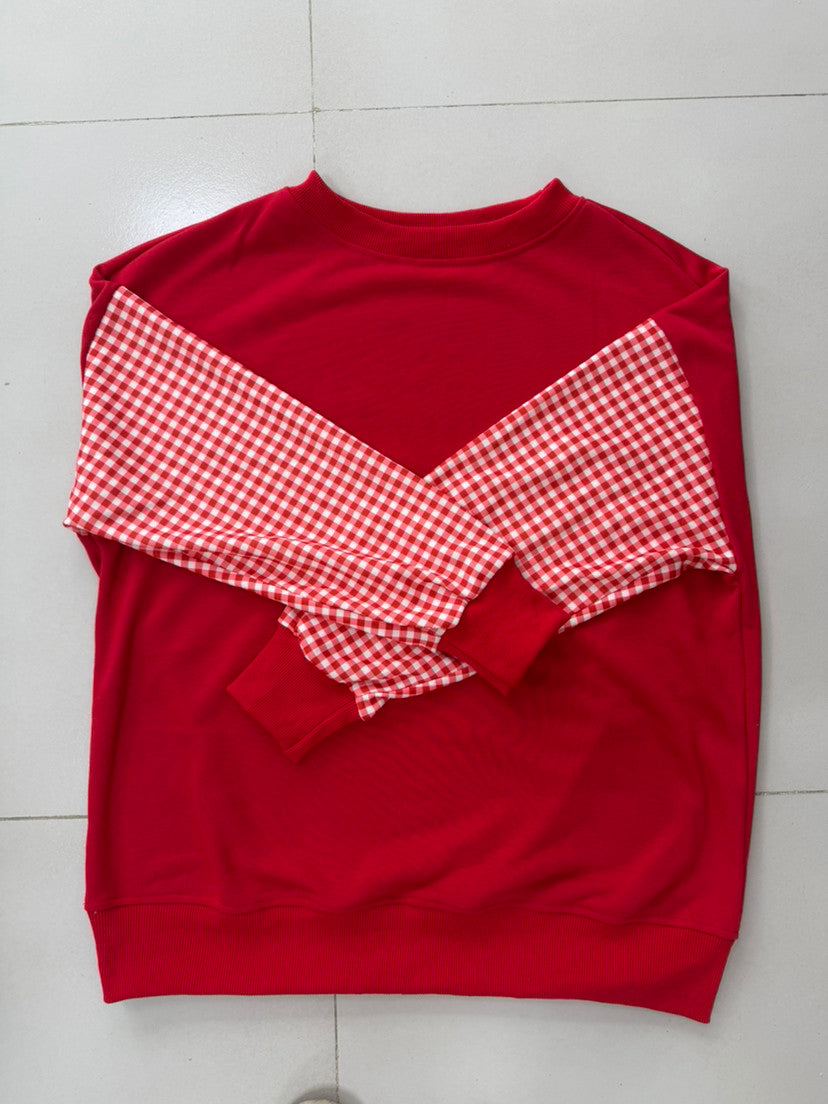 Preorder: Cozy Contrast Gingham Sleeve Pullover