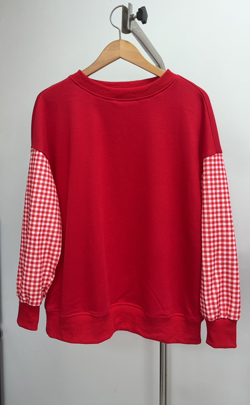 Preorder: Cozy Contrast Gingham Sleeve Pullover